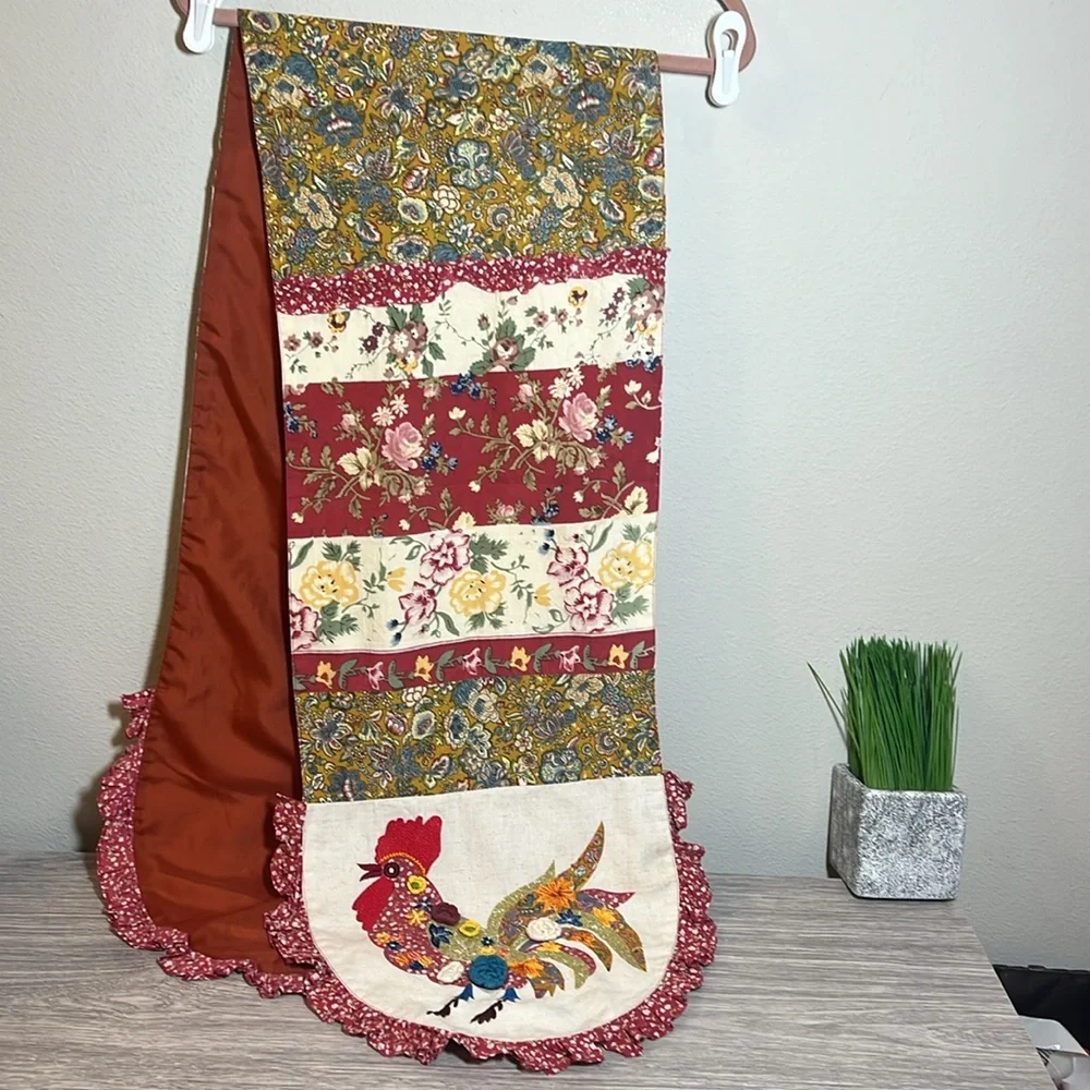 Handmade Rooster Hen Floral Embroidered Table Runner